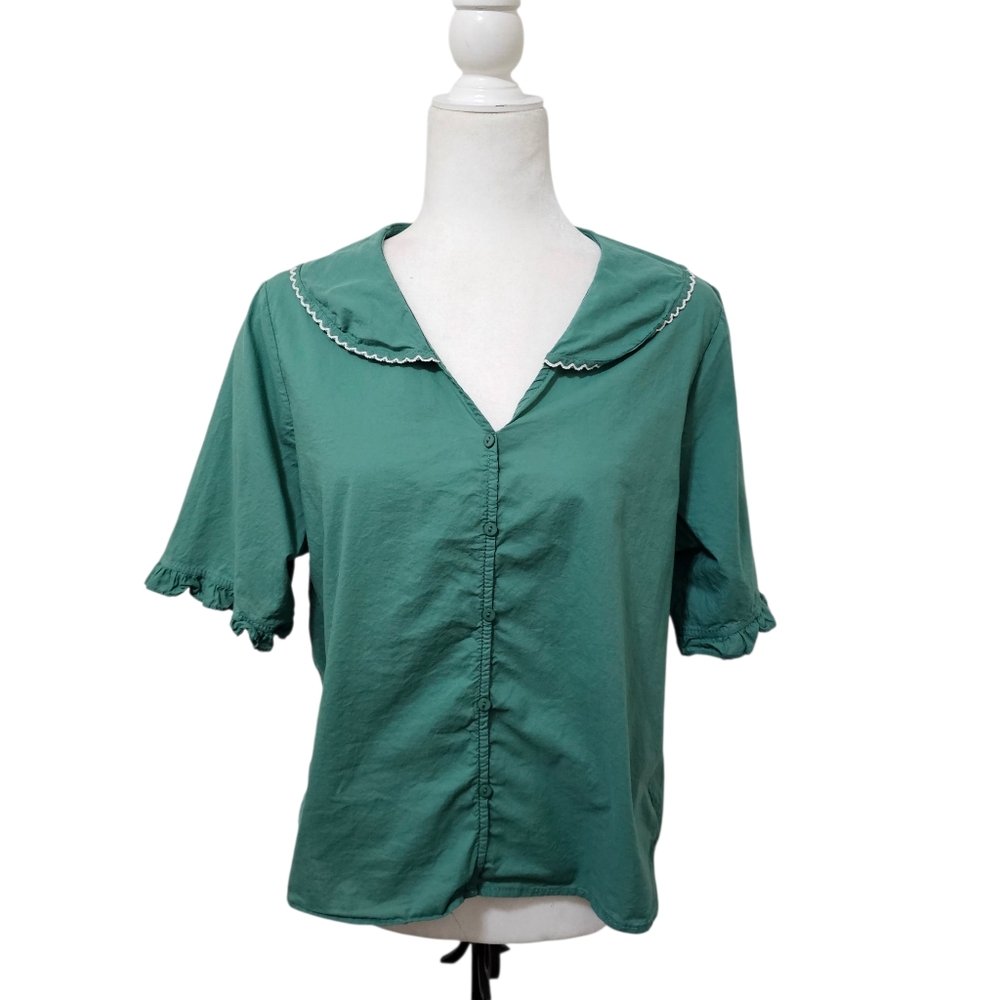 Vintage Green Blouse Short Sleeve Lightweight Romantic Peter Pan Collar - Picture 3 of 13